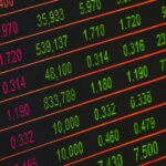 Close-up of a digital stock market data display showing colorful financial numbers and trends.
